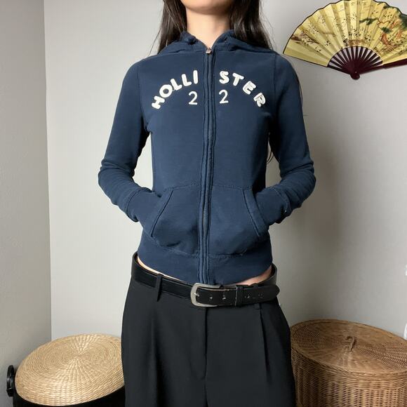 Hollister Jackets & Blazers - y2k vintage hollister navy blue embroidered spell out zip hoodie jacket